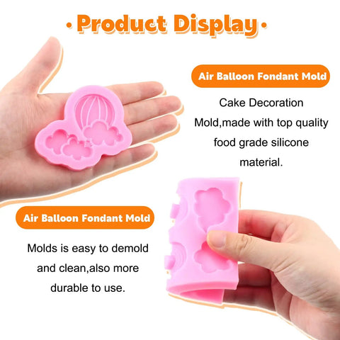 Sweet Rainbow Cloud Fondant Molds Set Of 4 For Cake Decorating, hot air balloon and cloud silicone mold in hand