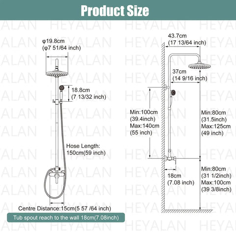Diagram of Matte Black Exposed Pipe Shower System With 8 Inch Rain Shower Head And Brass Fixture Dual Function Shower Faucet size