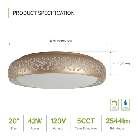 20 Inch LED Flush Mount Ceiling Light Fixture In Modern Gold Finish Slick Close To Ceiling Low Profile Dimmable 42W 2381 Lumens