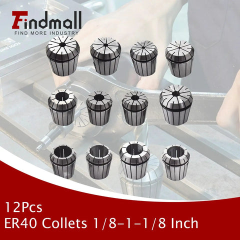 12-piece ER40 Collets Set from 1/8 to 1-1/8 inch displayed on CNC machine table