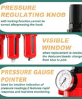 Close-up of Heavy Duty Three Stage Industrial Air Drier with pressure regulating knob and gauge for precise air management.