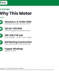 Three Quarter Horsepower 1725 Rpm 208 To 230 115 Volt 56 Frame Odp Ball Bearing Capacitor Start Motor Beefed Up Workhorse For Pumps Fans Compressors Runs Smooth As Silk features list image.