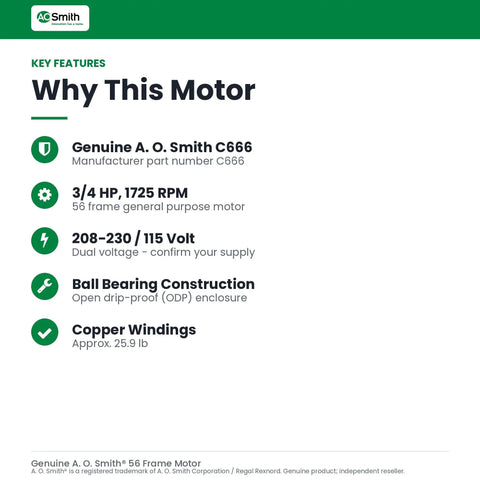 Three Quarter Horsepower 1725 Rpm 208 To 230 115 Volt 56 Frame Odp Ball Bearing Capacitor Start Motor Beefed Up Workhorse For Pumps Fans Compressors Runs Smooth As Silk features list image.