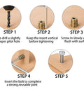 Installation steps of 40 Pack 1 Quarter Inch 20 Threaded Inserts For Wood With Hex Drive for woodworking projects.