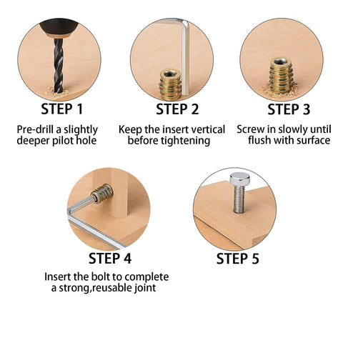 Installation steps of 40 Pack 1 Quarter Inch 20 Threaded Inserts For Wood With Hex Drive for woodworking projects.