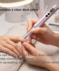 Heavy Duty Cordless Nail Drill Kit With Five Tough Steel Bits And Dust Shield For Peeling Gel Polish And Buffing Rough Calluses In Slick Pink Vibe, demonstrating use with a clear dust cover.