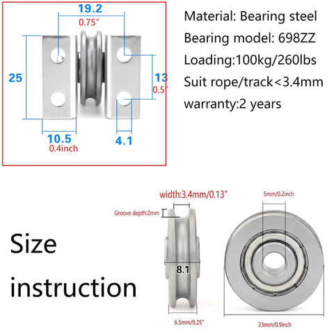 1/8 Inch Cord Small Wire Rope Pulley Block With Silent Bearing For Lifting, 23mm Wheel, 260 Lb Load, Wire Rope Guide Wheel, L Bracket, Electrogalvanized Carbon Steel Construction size diagram