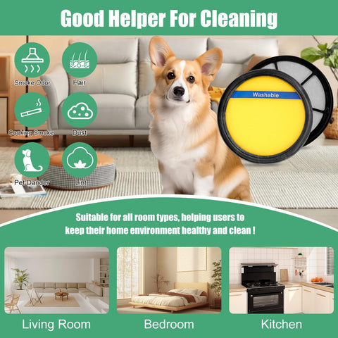 Infographic showing 4 Pack Washable Vacuum Filter Set For DCF25 And EF7 with a dog, highlighting benefits for cleaning dust and hair.