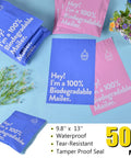 10x13 Inch Biodegradable D2W Poly Mailers 50 Pack Blue Compostable Shipping Bags Eco Friendly Waterproof Self Sealing Envelopes displayed with flowers