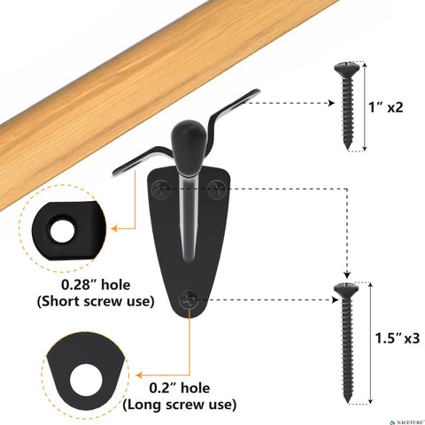 Heavy Duty Black Hand Rail Brackets Six Piece Set For Indoor Stairs And Outdoor Use showing detailed measurements of screw holes.