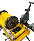 Heavy Duty Electric Pipe Threader Machine With Npt And Bspt Dies For Half To Four Inch Pipe 750 Watt 220v Motor top view with chuck and cutting tool