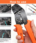 Instruction guide for ratchet crimping tool in Waterproof Automotive Wire Connector Kit With 1008 Pieces And 63 Sets 1 Pin To 6 Pin Male And Female Plug Connectors Includes Ratchet Crimping Tool For Easy Car Electrical Wiring And DIY Fixes.