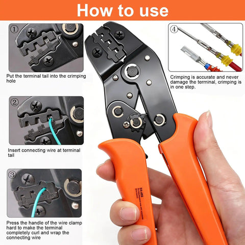 Instruction guide for ratchet crimping tool in Waterproof Automotive Wire Connector Kit With 1008 Pieces And 63 Sets 1 Pin To 6 Pin Male And Female Plug Connectors Includes Ratchet Crimping Tool For Easy Car Electrical Wiring And DIY Fixes.