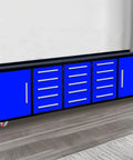 Heavy Duty Steel Storage Cabinet With Beefy Work Bench Featuring Fifteen Non Slip Drawers And Two Massive Doors for garage organization.