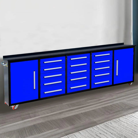 Heavy Duty Steel Storage Cabinet With Beefy Work Bench Featuring Fifteen Non Slip Drawers And Two Massive Doors for garage organization.