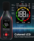 Portable Decibel Meter Data Logger With USB Export, Graph Printing, And A Weighted Sound Level Monitoring For Noise Control At Home Or Work, Fast Slow Response, Max Hold, 3 Color Alarm, Ideal For Noisy Neighbor And Factory Noise. handheld sound meter with colored LCD