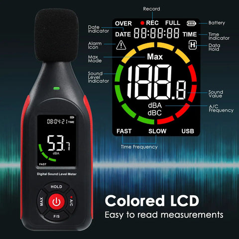 Portable Decibel Meter Data Logger With USB Export, Graph Printing, And A Weighted Sound Level Monitoring For Noise Control At Home Or Work, Fast Slow Response, Max Hold, 3 Color Alarm, Ideal For Noisy Neighbor And Factory Noise. handheld sound meter with colored LCD