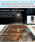 Portable 18 Inch Outdoor Ceiling Fan With Light And 15600mAh Battery shown in tent with remote control, USB-C charging visible.