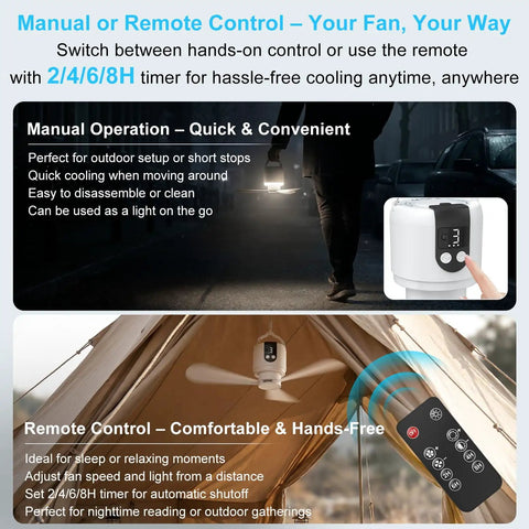 Portable 18 Inch Outdoor Ceiling Fan With Light And 15600mAh Battery shown in tent with remote control, USB-C charging visible.