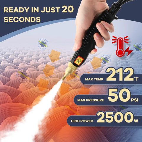 Heavy Duty 2500W Steam Cleaner With Lightning Fast Heat Up Portable High Temp Power Steamer showing steam nozzle and pressure stats.