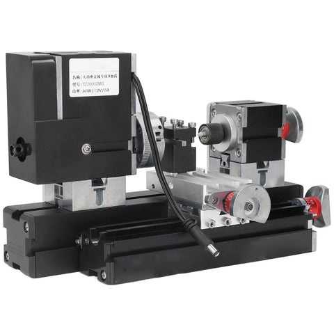 Top Shelf Mini Metal Lathe Machine Boasts Quick 12VDC 60W Motor Revving Up To 12000 RPM Along Strong Drill Chuck, Compact Design.