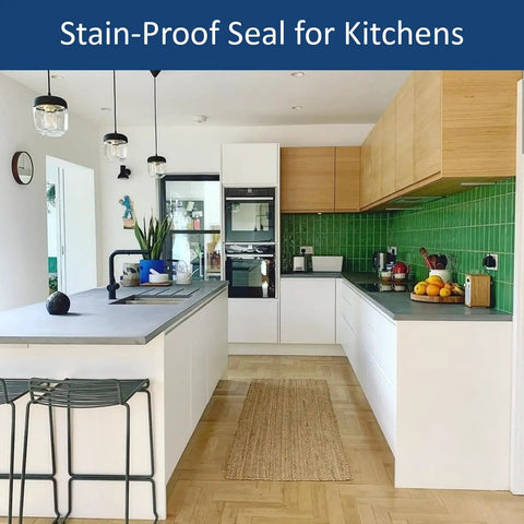 Straight Up Professional Grade Water Based Urethane Concrete Countertop Sealer Clear Low Sheen Finish 24 Oz Kit Covers 170 Sq Ft in a modern kitchen setting.