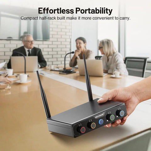 4 Channel UHF Wireless Conference Microphone System With 4 Gooseneck Mics Up To 200 Feet Range Crystal Clear 24 Bit Audio in meeting room
