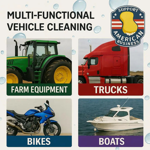 Two Pack Extra Thick Large Rectangle Car Wash Sponges For All Purpose Cleaning Non Scratch Safe On Paint Ideal For Vehicle Washing Equipment Cleaning And Boat Cleaning. Multi-use vehicle cleaning graphic with tractor, truck, bike, and boat.