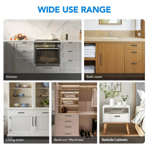 A collage of furniture showcasing Matte Black Cabinet Handles 3 Inch Pulls 20 Pack Heavy Duty Zinc Alloy for various uses.