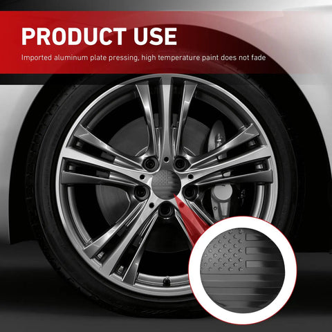 Fresh American Flag Wheel Center Caps With Tough Scratch Resistant Hub Cover Protectors For Cars on silver wheel rim.