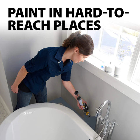 Person using Smart Edge 3 Inch Mini Paint Roller Kit With No Tray Design for edge trim near bathtub in bathroom