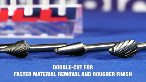 Close-up of Tough As Nails 28 Piece Solid Carbide Burr Set Uncoated Rotary Files showcasing double-cut tips for grinding.