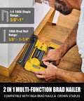 Man using Cordless Brad Nailer For 20V Max Battery Compatible, 2 In 1 Nail Gun With 1000 Nails And 500 Staples on baseboard.