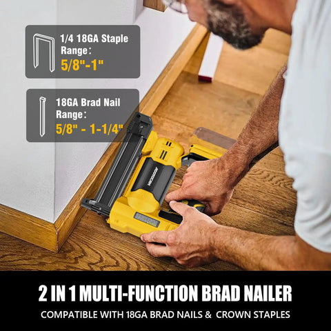 Man using Cordless Brad Nailer For 20V Max Battery Compatible, 2 In 1 Nail Gun With 1000 Nails And 500 Staples on baseboard.