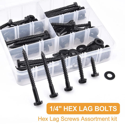 Workhorse Heavy Duty Hex Lag Bolts Set Stainless Steel 304 Black Oxide Coated 108 Piece Kit with deep coarse threads.