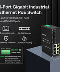 6-Port Gigabit Industrial Ethernet PoE Switch with 10/100 BASE-T RJ45, auto-MDI/MDI-X ports and aluminum housing on display.