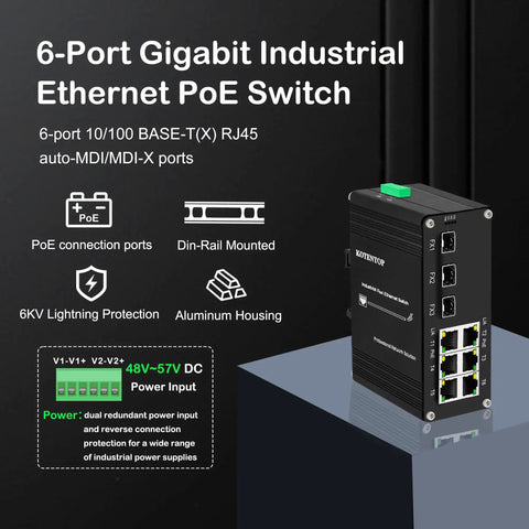 6-Port Gigabit Industrial Ethernet PoE Switch with 10/100 BASE-T RJ45, auto-MDI/MDI-X ports and aluminum housing on display.