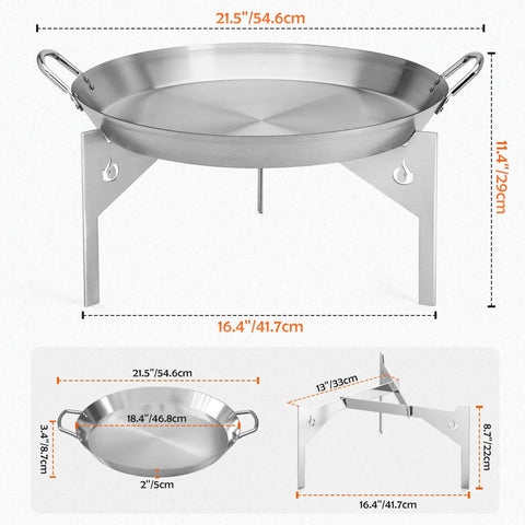 Stainless Steel Grill Cookware For Solo Stove Bonfire 19.5 Inch Fire Pit Portable Round Grilling Pan With Legs, dimensions labeled