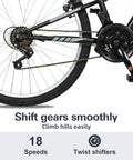 Close-up of the 6-speed drivetrain on the 24 Inch Kids Mountain Bike with dual full suspension and high carbon steel frame, black.