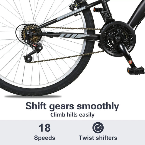 Close-up of the 6-speed drivetrain on the 24 Inch Kids Mountain Bike with dual full suspension and high carbon steel frame, black.