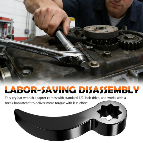 Heavy Duty Half Inch Drive Pry Bar Wrench Adapter with 8 Point Bull Horn Ratchet Attachment used for engine disassembly.