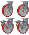 Heavy Duty Eight Inch Kingpinless Casters With Durable Polyurethane Wheels And Precision Rollers for platform trucks, set of four with two swivel and two brake wheels.