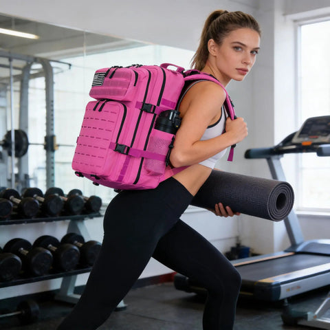 Beefy Military Tactical Backpack 45L 25L with MOLLE Daypack, pink color, in gym setting, worn by woman, holding yoga mat