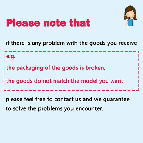 Customer service notice for product issues with contact information and illustration of a concerned person.