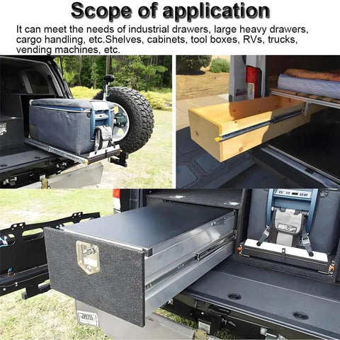 Heavy Duty Drawer Slides With Lock, 500 Lb Capacity, Full Extension, Side Mount Ball Bearing Rails, 68 Inch Length, installed in vehicle