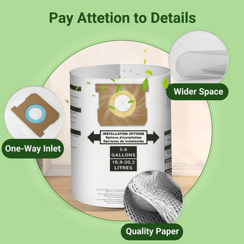 3 Pack Replacement Disposable Vacuum Bags For 5-8 Gallon Wet Dry Vacuums Type E And Type H with details on inlet and paper quality.