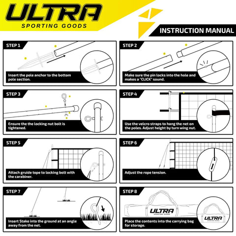 Instruction manual for setting up the All-Purpose Volleyball Net Set For Backyard, Beach Or Indoor Play with 32x3 Foot Regulation Net.