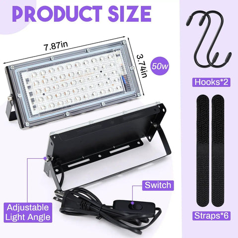 50W LED UV Screen Printing Exposure Light Kit with PVC lamp stand showing dimensions, hooks, and cable ties, ideal for hobbyists.