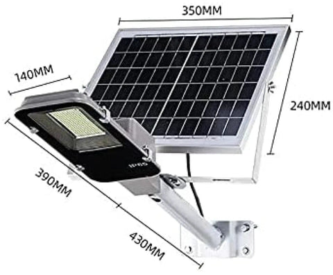 Heavy Duty Outdoor Solar Wall Light With Remote Control For Patios And Fences Dusk To Dawn LED Flood Light with solar panel and dimensions.