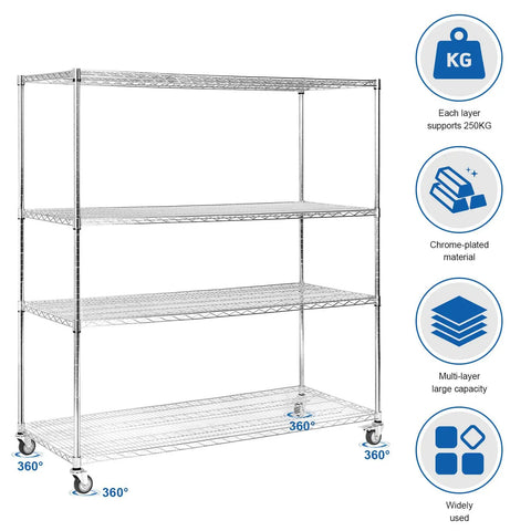 Heavy Duty Steel Rolling Shelving Rack Featuring Five Tier Adjustable Layout And No Sweat Diy Assembly Built Tough For Massive Load Capacity And Quick Glide Movement Perfect For Garage Kitchen Or Basement Storage Solutions with chrome-plated finish and smooth casters.